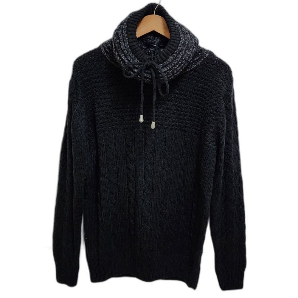 Amongst Others Sweater Womens L Black Gray Chunky Knit Cowl Drawstring Pullover